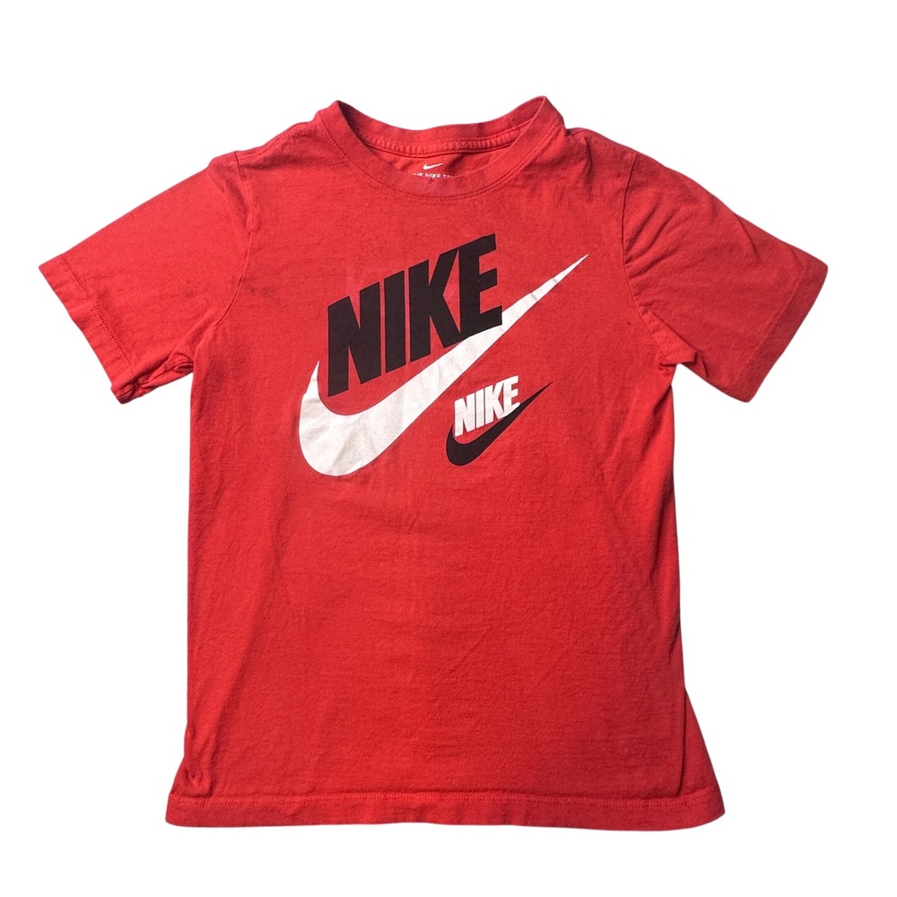 Nike T-Shirt Kids Medium Red Double Swoosh Logo Graphic Short Sleeve Tee
